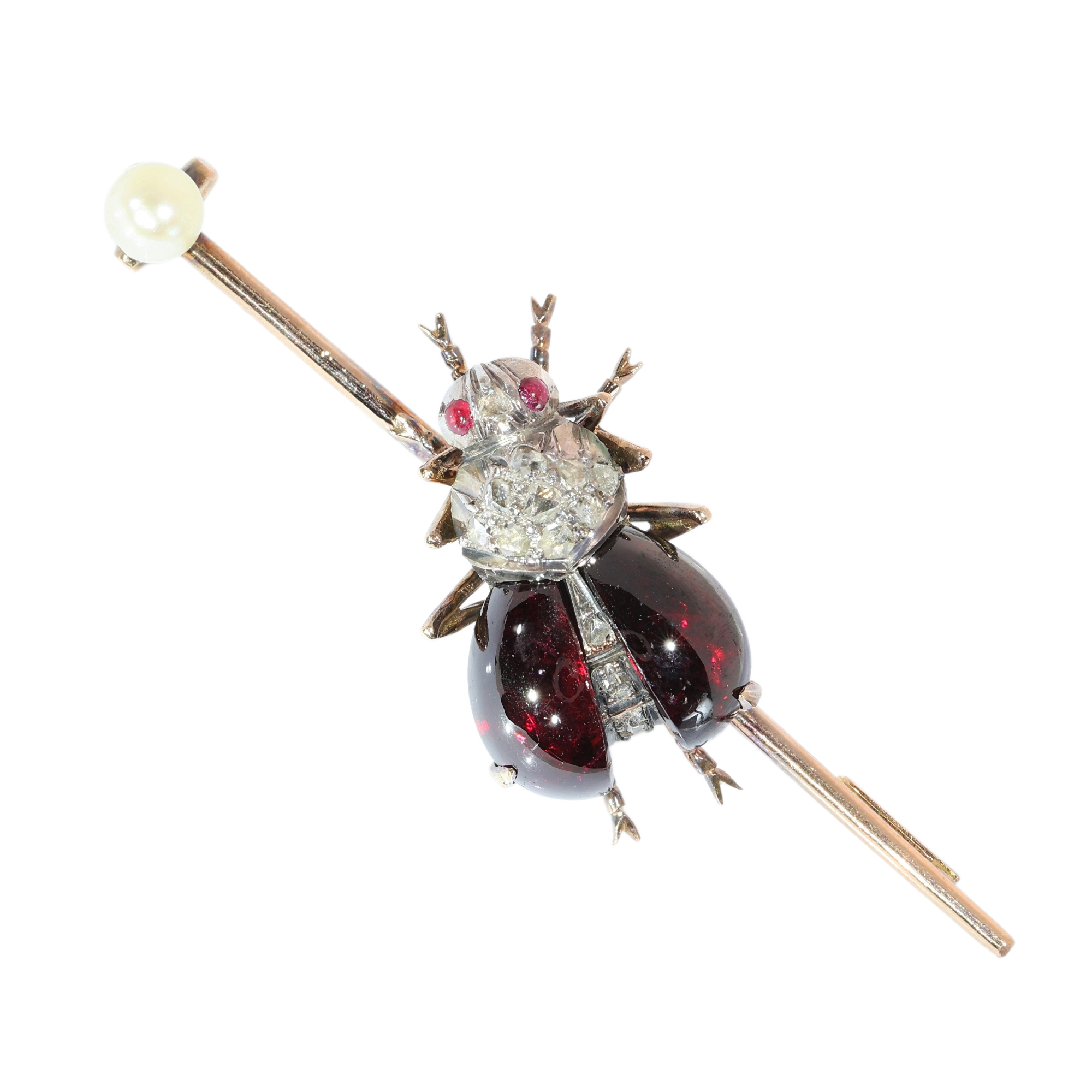 French Victorian Bar Brooch with Bejewelled Beetle in Garnet, Ruby and Diamonds